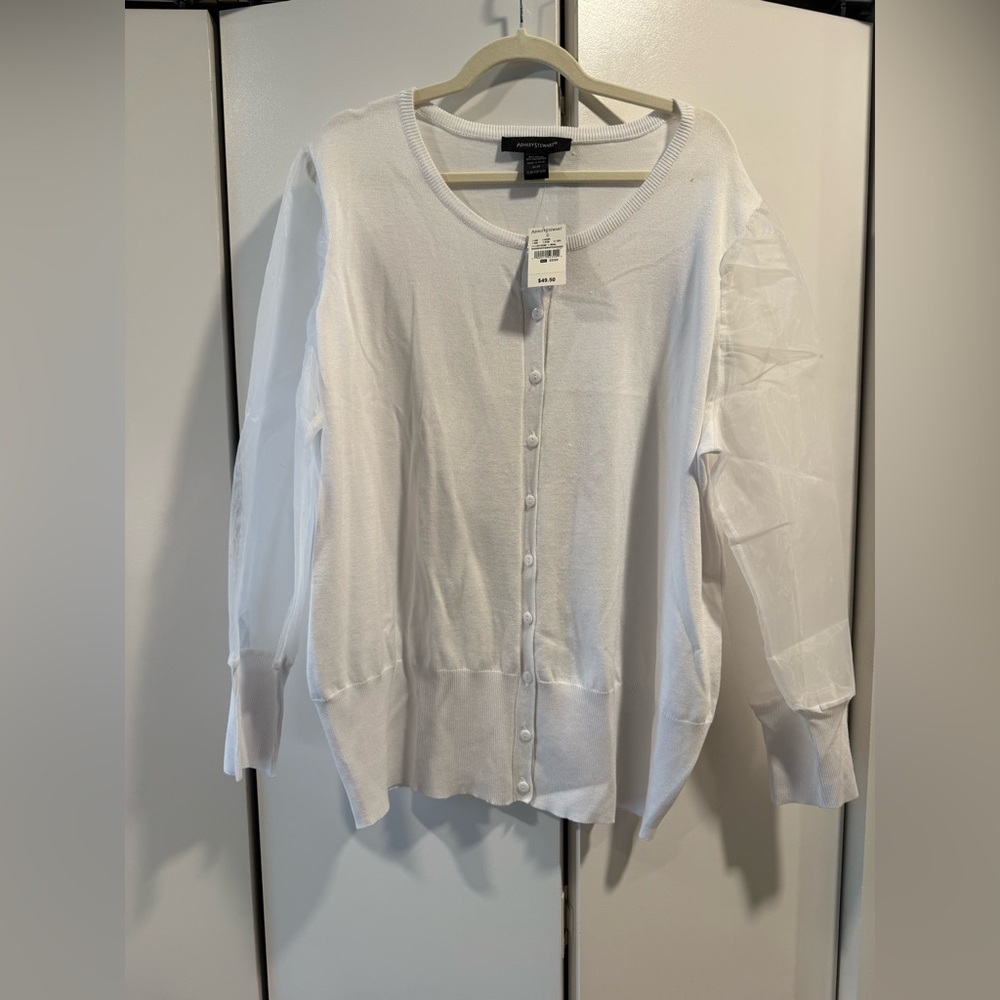 Ashley Stewart White Button Down Light Cardigan Shirt with Tool Sleeves